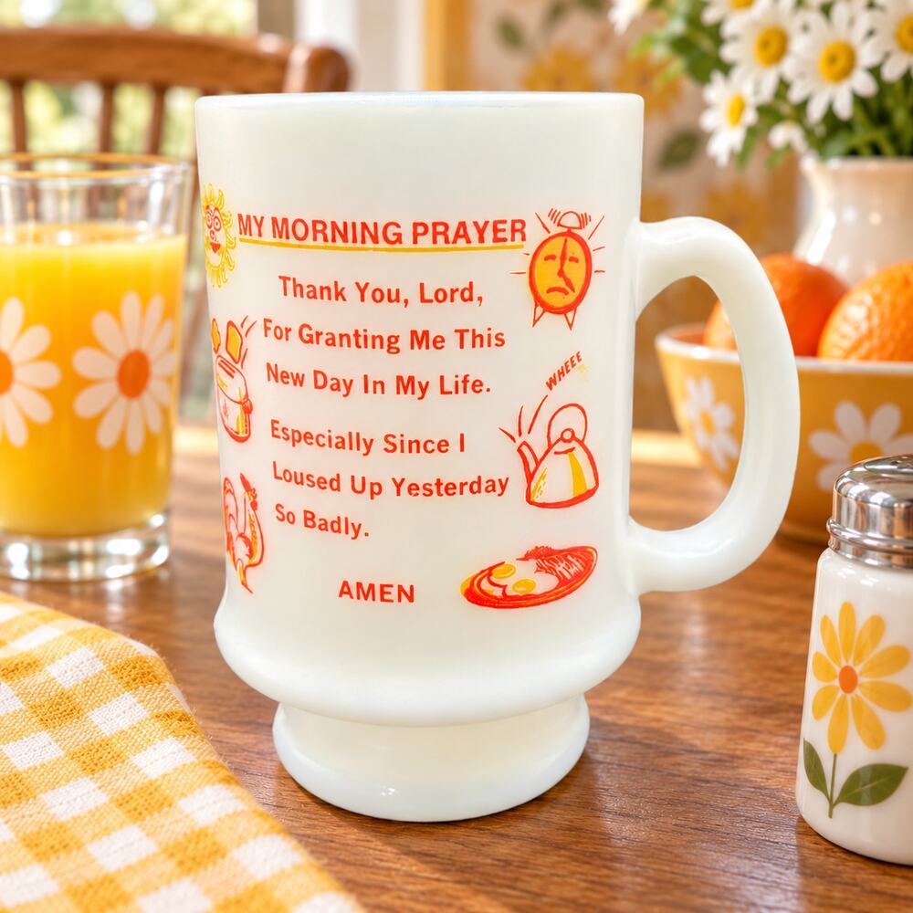 Vintage 1960s My Morning Prayer Milk Glass Pedestal Breakfast Mug